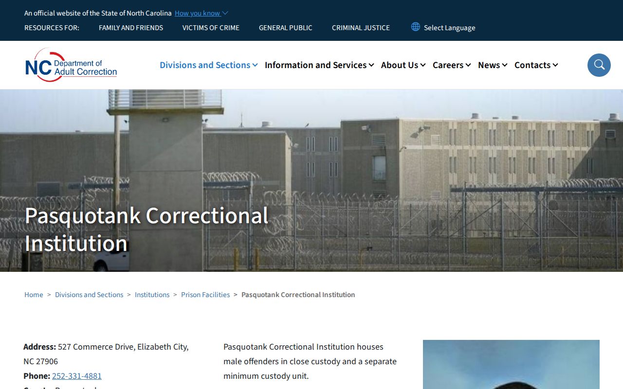 Pasquotank Correctional Institution official NCDAC release records source